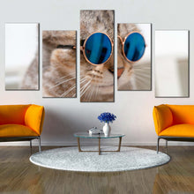 Load image into Gallery viewer, cat pet canvas print brown cat portrait 5 piece canvas wall art smart cat wearing sunglasses multiple canvas In Living Room
