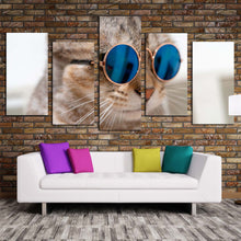 Load image into Gallery viewer, cat pet canvas print brown cat portrait 5 piece canvas wall art smart cat wearing sunglasses multiple canvas For Living Room
