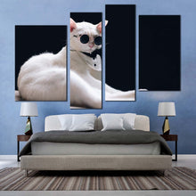 Load image into Gallery viewer, cat portrait canvas wall art cool cat in black background canvas set white cat 4 piece canvas print in bedroom
