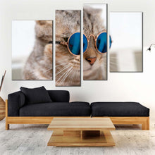 Load image into Gallery viewer, cat portrait canvas wall art cool cat wearing blue sunglasses canvas set brown smart cat 4 piece canvas print for your living room
