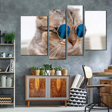 Load image into Gallery viewer, cat portrait canvas wall art cool cat wearing blue sunglasses canvas set brown smart cat 4 piece canvas print for living room
