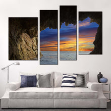 Load image into Gallery viewer, cave ocean canvas print brown ocean mountain multi canvas artwork blue orange sky ocean arches 4 piece canvas wall art In Living Room
