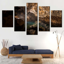 Load image into Gallery viewer, cave river canvas wall art underground geology 5 piece canvas print brown black abstract cave multi canvas In Living room
