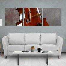 Load image into Gallery viewer, cello  instrument  canvas  wall  art  brown  white  cello  close  up  3  piece  multi  canvas  artwork  isolated  cello  canvas  print In Living Room
