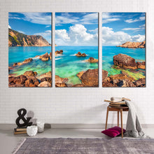 Load image into Gallery viewer, cephalonia island canvas wall art cloudy mediterranen sea ocean rocks blue green petani beach 3 piece multi canvas artwork
