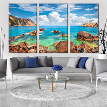 Load image into Gallery viewer, cephalonia island canvas wall art cloudy mediterranen sea ocean rocks blue green petani beach 3 piece multi canvas artwork In Living Room
