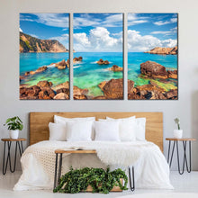 Load image into Gallery viewer, cephalonia island canvas wall art cloudy mediterranen sea ocean rocks blue green petani beach 3 piece multi canvas artwork For Bedroom
