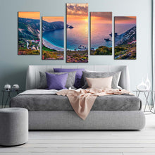 Load image into Gallery viewer, cephalonia island canvas wall art colorful cephalonia island multi canvas petani beach 5 piece canvas print yellow sunset mediterranean sea canvas set For Bedroom
