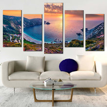 Load image into Gallery viewer, cephalonia island canvas wall art colorful cephalonia island multi canvas petani beach 5 piece canvas print yellow sunset mediterranean sea canvas set In Living room
