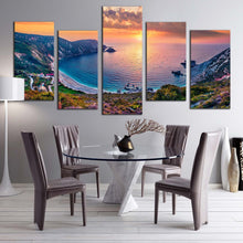 Load image into Gallery viewer, cephalonia island canvas wall art colorful cephalonia island multi canvas petani beach 5 piece canvas print yellow sunset mediterranean sea canvas set For Dining Room
