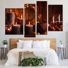 Load image into Gallery viewer, champagne atmosphere canvas wall art brown champagne candlelight canvas print orange champagne glasses 4 piece multi canvas artwork For Bedroom
