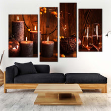 Load image into Gallery viewer, champagne atmosphere canvas wall art brown champagne candlelight canvas print orange champagne glasses 4 piece multi canvas artwork In Your Living Room
