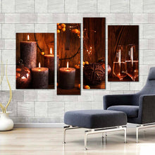 Load image into Gallery viewer, champagne atmosphere canvas wall art brown champagne candlelight canvas print orange champagne glasses 4 piece multi canvas artwork In Living room
