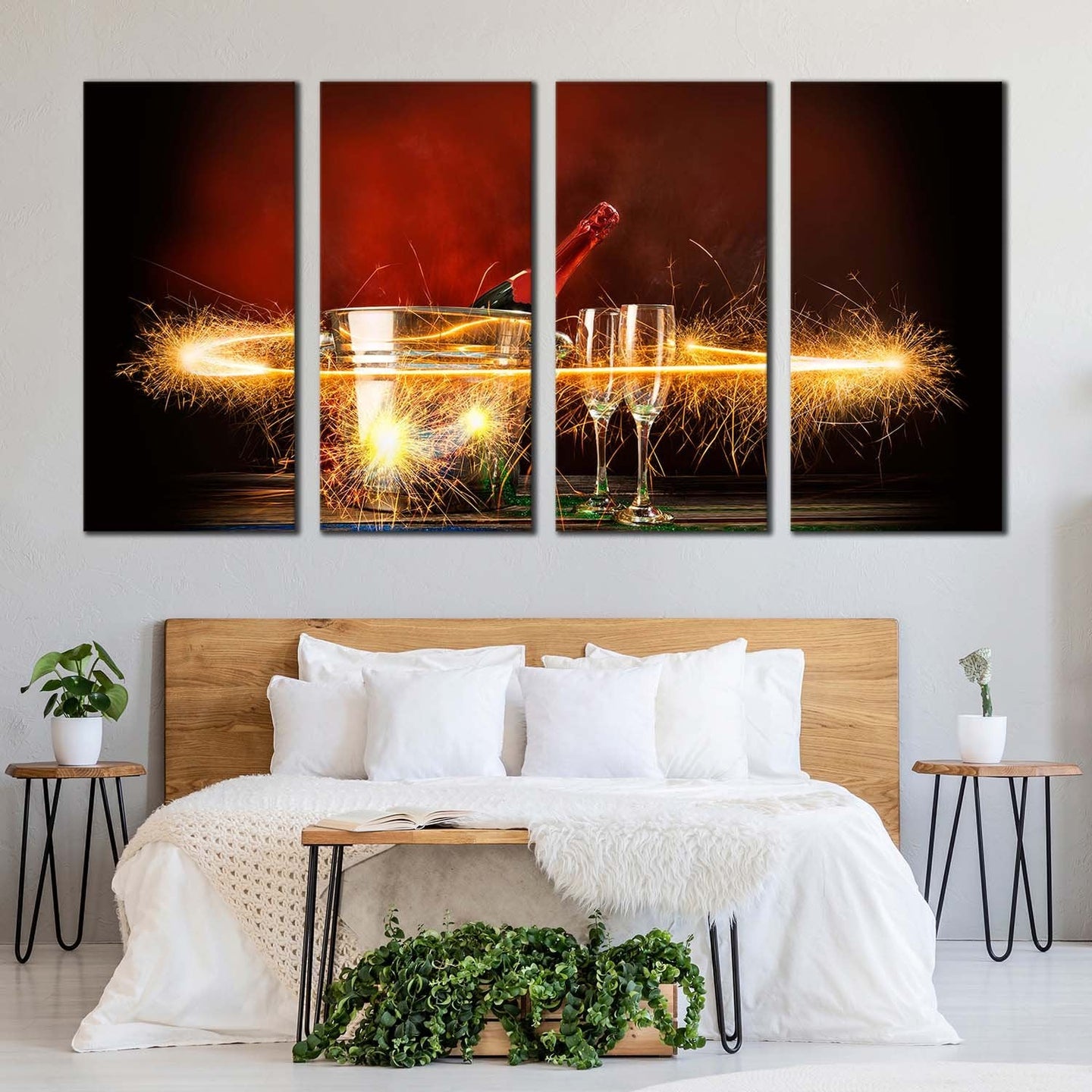 champagne bottle canvas wall art yellow champagne firework multiple canvas red champagne celebration canvas 4 piece canvas print For Bedroom