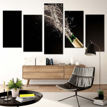 Load image into Gallery viewer, champagne burst canvas wall art blue green champagne bottle splash 5 piece canvas print champagne cork splash celebration canvas set 
