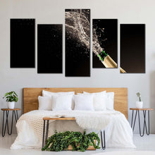 Load image into Gallery viewer, champagne burst canvas wall art blue green champagne bottle splash 5 piece canvas print champagne cork splash celebration canvas set For Your Bedroom
