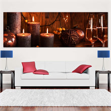 Load image into Gallery viewer, champagne  candlelight  canvas  wall  art  orange  champagne  in  christmas  panoramic  canvas  print  champagne  and  brown  candles  canvas  artwork  For Living Room
