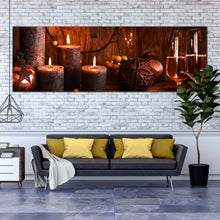 Load image into Gallery viewer, champagne  candlelight  canvas  wall  art  orange  champagne  in  christmas  panoramic  canvas  print  champagne  and  brown  candles  canvas  artwork In Living Room
