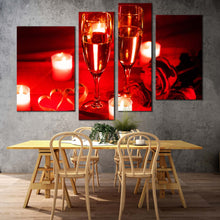 Load image into Gallery viewer, champagne candlelight canvas wall art red champagne glasses 4 piece canvas set romantic champagne roses yellow candle canvas print For Dining Room
