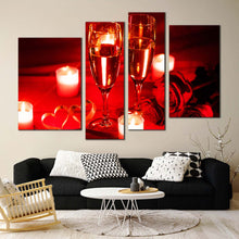 Load image into Gallery viewer, champagne candlelight canvas wall art red champagne glasses 4 piece canvas set romantic champagne roses yellow candle canvas print In Living Room
