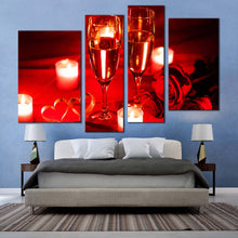 Load image into Gallery viewer, champagne candlelight canvas wall art red champagne glasses 4 piece canvas set romantic champagne roses yellow candle canvas print For Bedroom
