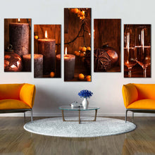 Load image into Gallery viewer, champagne candles canvas print orange champagne glasses 5 piece canvas wall art brown champagne candlelight multiple canvas In Living Room
