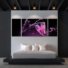 Load image into Gallery viewer, champagne  celebrate  canvas  wall  art  purple  red  champagne  splash  3  piece  multi  canvas  champagne  glasses  clicking  canvas  print In Bedroom
