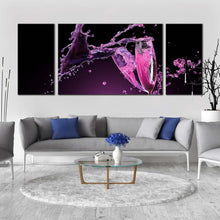 Load image into Gallery viewer, champagne  celebrate  canvas  wall  art  purple  red  champagne  splash  3  piece  multi  canvas  champagne  glasses  clicking  canvas  print In Living Room
