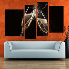 Load image into Gallery viewer, champagne celebration canvas wall art yellow champagne glasses celebration multi canvas artwork white champagne splash 4 piece canvas print In Living room
