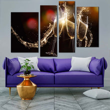 Load image into Gallery viewer, champagne drink canvas print champagne glasses with yellow splash 4 piece canvas set red abstract champagne liquid burst canvas wall art In Living Room
