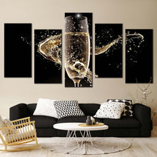 Load image into Gallery viewer, champagne drink canvas print yellow champagne glass splash multiple canvas black isolated champagne 5 piece canvas wall art In Living Room
