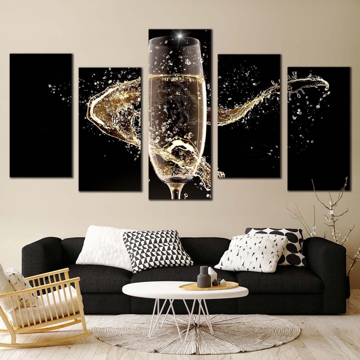 champagne drink canvas print yellow champagne glass splash multiple canvas black isolated champagne 5 piece canvas wall art In Living Room