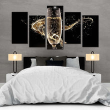 Load image into Gallery viewer, champagne drink canvas print yellow champagne glass splash multiple canvas black isolated champagne 5 piece canvas wall art For Bedroom
