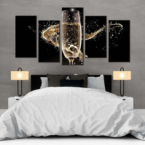 champagne drink canvas print yellow champagne glass splash multiple canvas black isolated champagne 5 piece canvas wall art For Bedroom