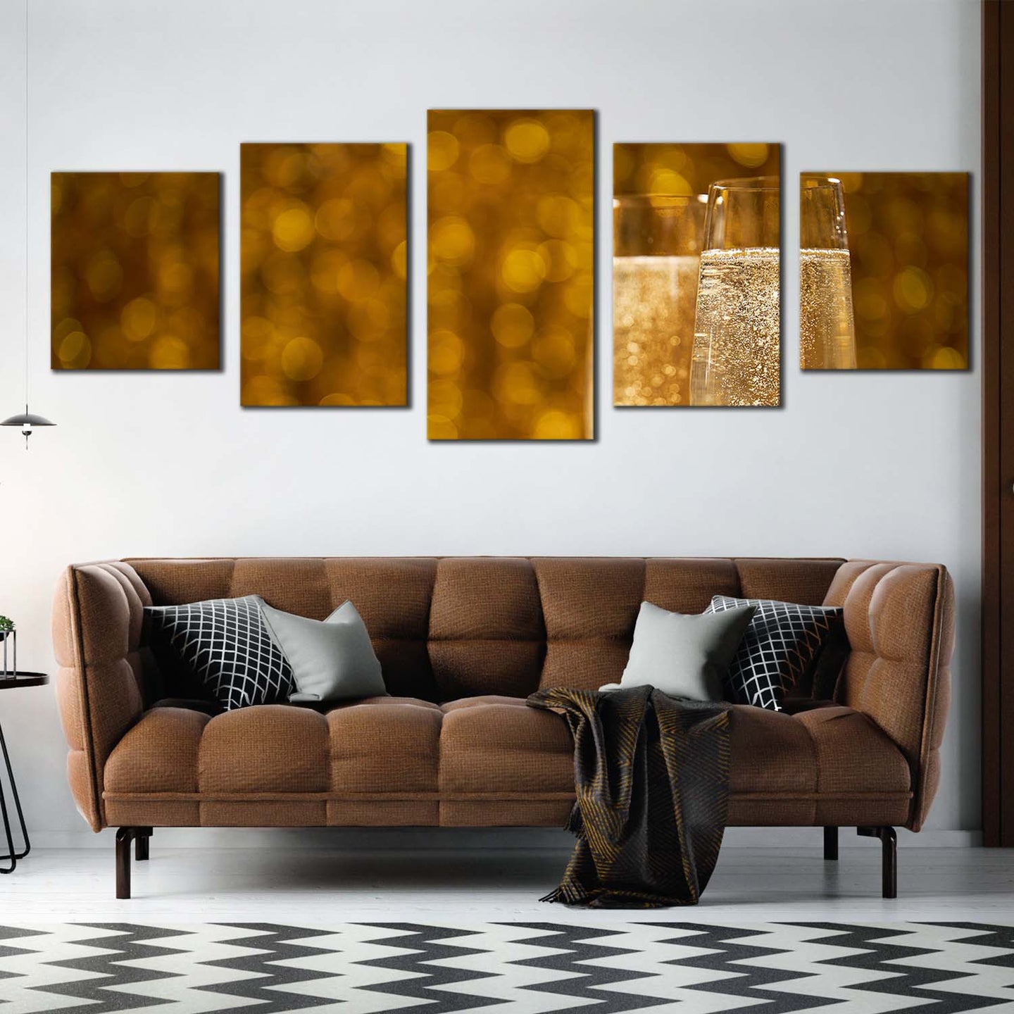 champagne drink canvas print yellow champagne glasses close up 5 piece canvas wall art champagne night multi canvas In Living room