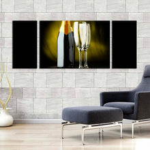 Load image into Gallery viewer, champagne  drink  canvas  wall  art  black  champagne  bottle  multi  canvas  yellow  alcohol  glasses  3  piece  canvas  print For Living Room
