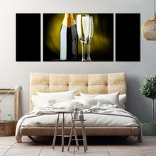 Load image into Gallery viewer, champagne  drink  canvas  wall  art  black  champagne  bottle  multi  canvas  yellow  alcohol  glasses  3  piece  canvas  print  In Bedroom
