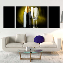 Load image into Gallery viewer, champagne  drink  canvas  wall  art  black  champagne  bottle  multi  canvas  yellow  alcohol  glasses  3  piece  canvas  print In Living Room
