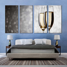 Load image into Gallery viewer, champagne drink canvas wall art black yellow wine glasses 4 piece canvas print still life golden wine glass multiple canvas In Bedroom
