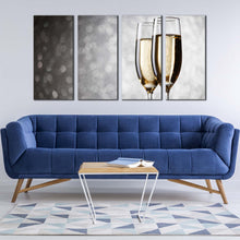 Load image into Gallery viewer, champagne drink canvas wall art black yellow wine glasses 4 piece canvas print still life golden wine glass multiple canvas In Living Room
