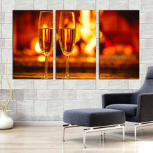 Load image into Gallery viewer, champagne drink canvas wall art champagne glasses 3 piece canvas wall art two orange yellow alcohol glasses multi canvas For Living Room
