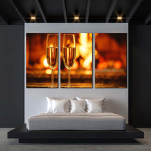 Load image into Gallery viewer, champagne drink canvas wall art champagne glasses 3 piece canvas wall art two orange yellow alcohol glasses multi canvas For Bedroom
