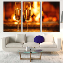 Load image into Gallery viewer, champagne drink canvas wall art champagne glasses 3 piece canvas wall art two orange yellow alcohol glasses multi canvas In Living Room
