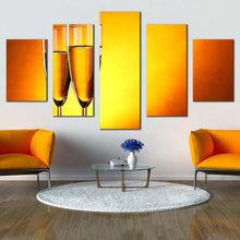 Load image into Gallery viewer, champagne drink canvas wall art romantic champagne glasses multi canvas artwork yellow orange alcohol glasses 5 piece canvas print In Living Room
