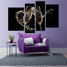 Load image into Gallery viewer, champagne drink canvas wall art yellow champagne glasses 4 piece canvas brown champagne party glasses liquid canvas print For Living Room
