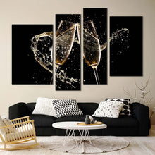 Load image into Gallery viewer, champagne drink canvas wall art yellow champagne glasses 4 piece canvas brown champagne party glasses liquid canvas print
