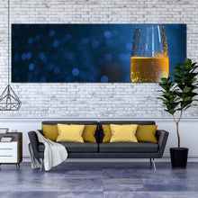 Load image into Gallery viewer, champagne  glass  canvas  print  yellow  champagne  1  piece  canvas  wall  art  blue  background  alcohol  wide  canvas  artwork In Living Room
