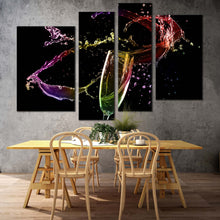 Load image into Gallery viewer, champagne glass canvas wall art yellow alcohol splash swirl canvas print black background champagne with splash 3 piece canvas For Dining Room
