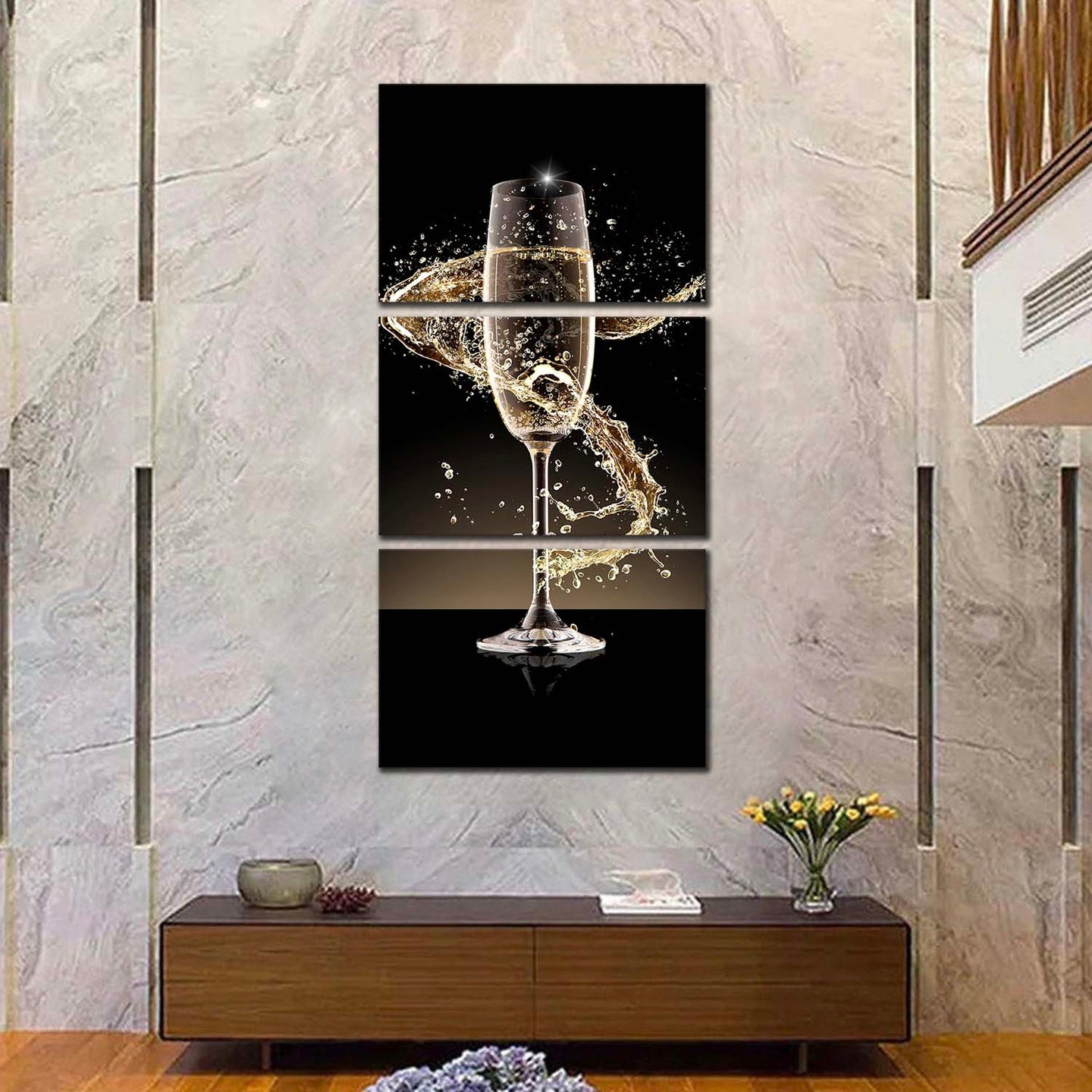 champagne  glass  canvas  wall  art  black  champagne  glass  3  piece  canvas  print  yellow  champagne  glass  splash  triptych  multi  canvas For Living Room