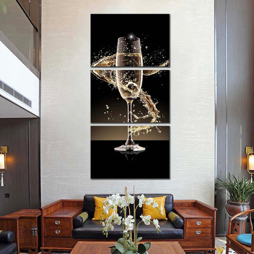 champagne  glass  canvas  wall  art  black  champagne  glass  3  piece  canvas  print  yellow  champagne  glass  splash  triptych  multi  canvas In Living Room